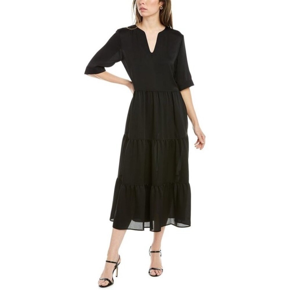 Lafayette 148 Selma Satin Tiered Maxi Dress Black Size Small